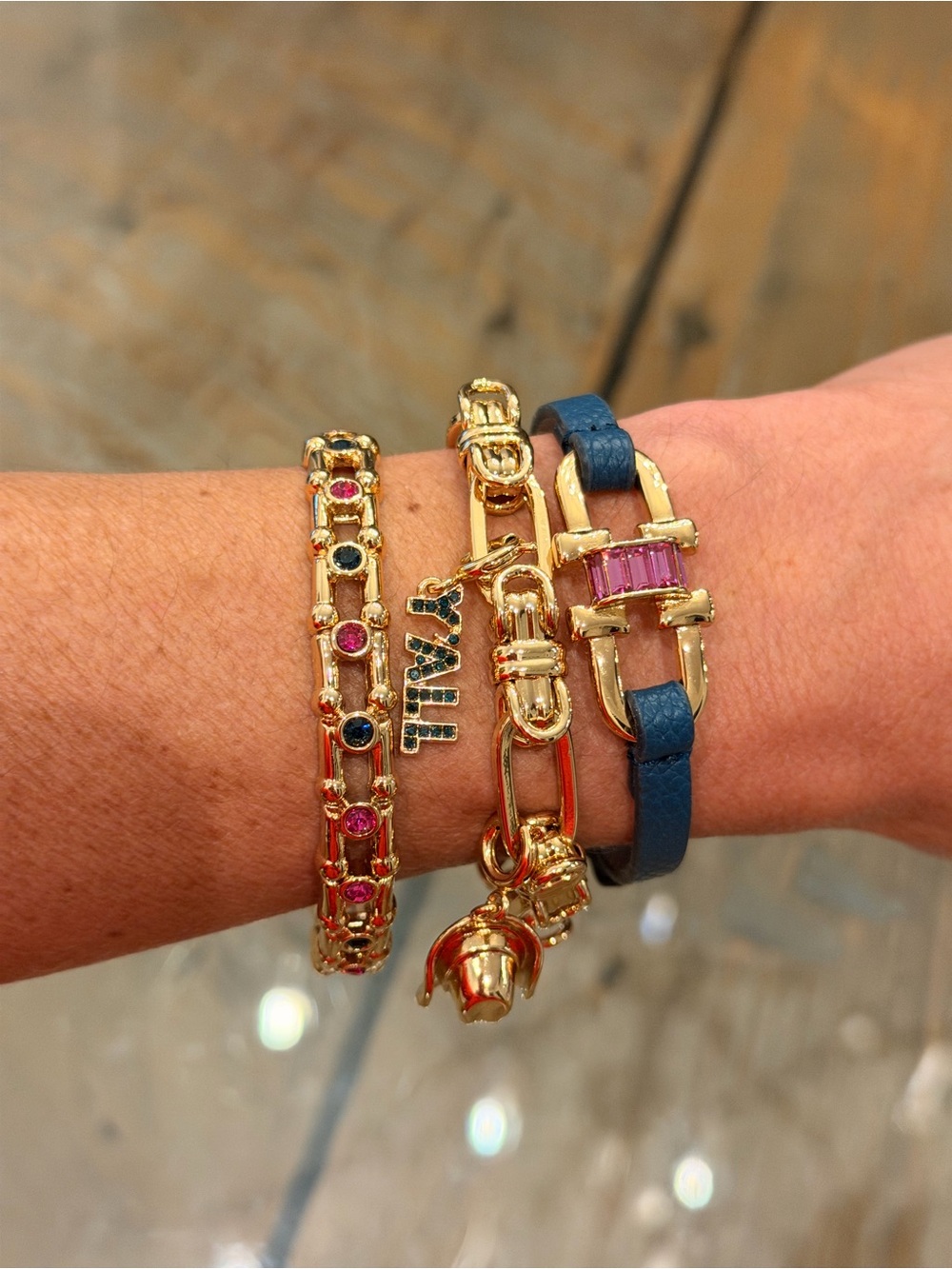 Bomb Party NWT “Southern Charm” Gold-Tone Bracelets Navy Leather Accent! - Picture 8 of 12